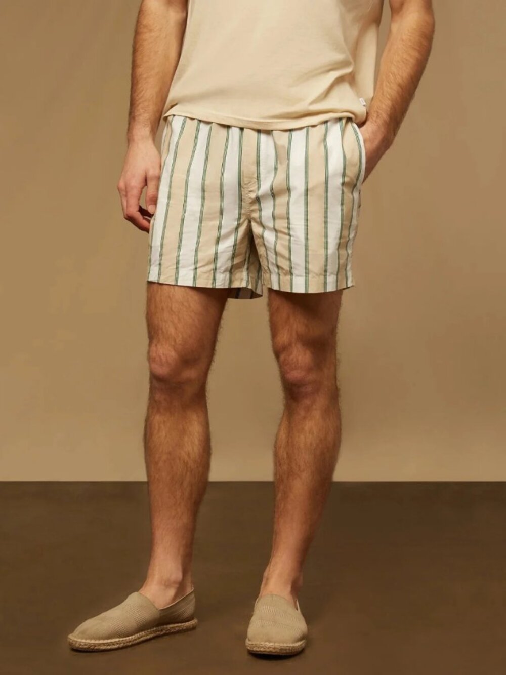 Onia Poplin Home Short in Green/Beige Stripe